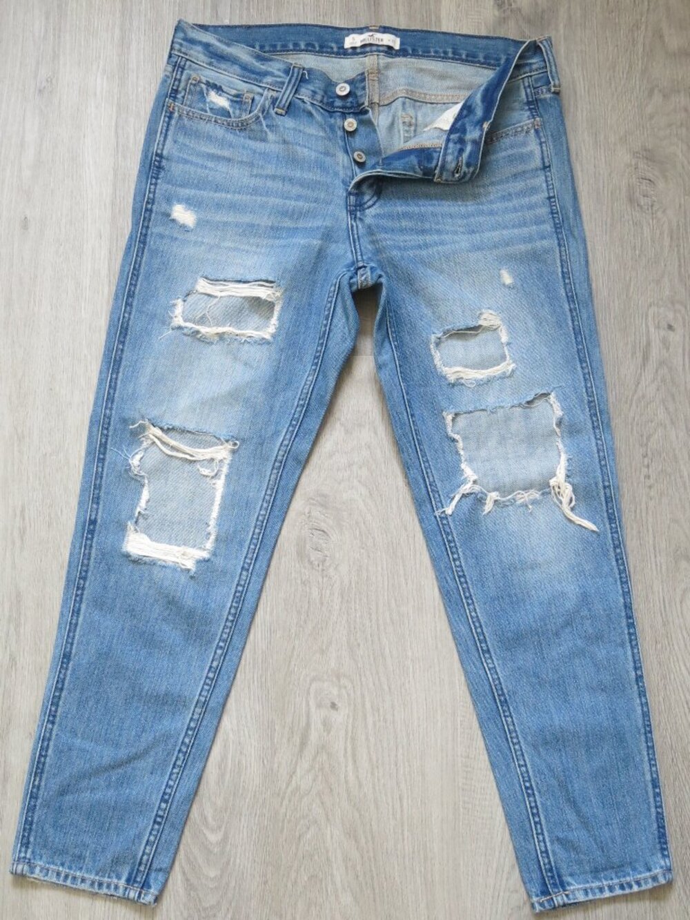 HOLLISTER Button Fly Factory Destroyed Distressed Skinny Leg Denim Jeans Sz 27 W